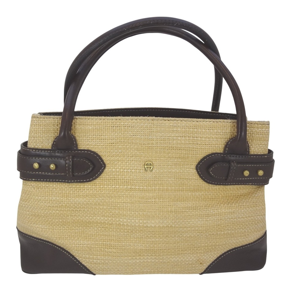 Vintage Etienne Aigner Tote Bag Woven Straw Shoulder Bag Brown Trim